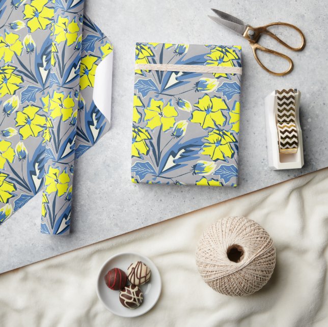 Gult och blåa blommor med gnistor presentpapper (Hantverk)