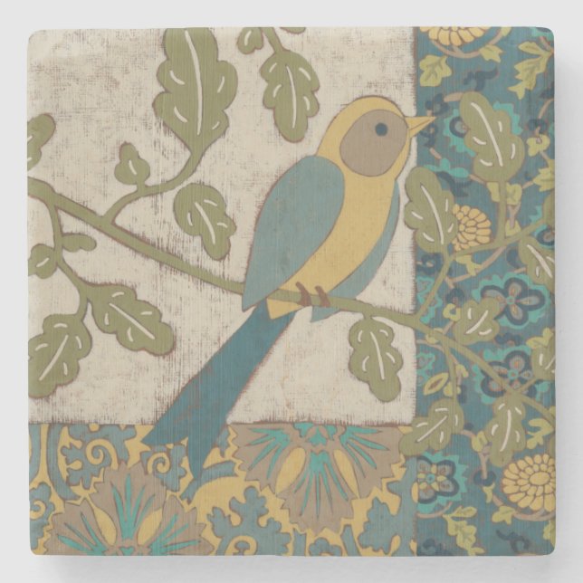 Gult och blåa fåglar Perched on a Gren Stenunderlägg (Framsidan)