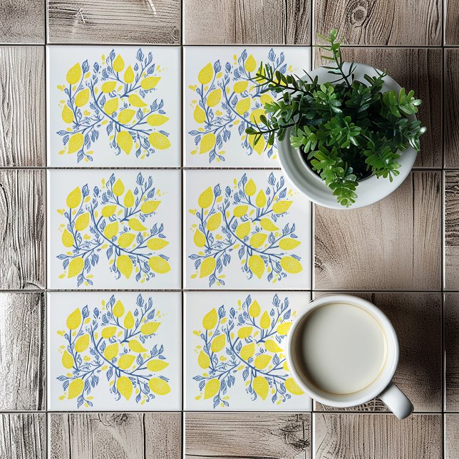 Gult och blåcitronplattor kakelplatta (Yellow and Blue Lemon Vines, bright mediterranean style tile)