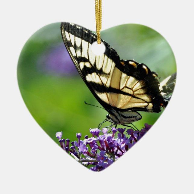 Gult och Black Butterfly på Lavender Julgransprydnad Keramik (Framsidan)