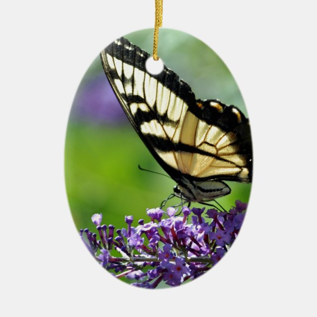 Gult och Black Butterfly på Lavender Julgransprydnad Keramik (Framsidan)