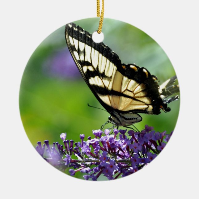 Gult och Black Butterfly på Lavender Julgransprydnad Keramik (Framsidan)