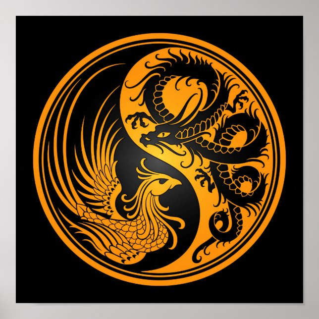 Gult och Black Dragon Phoenix Yin Yang Poster (Framsidan)