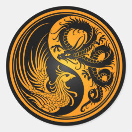 Gult och Black Dragon Phoenix Yin Yang Runt Klistermärke