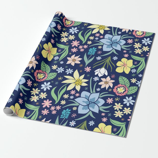 Gult och blått blommönster presentpapper (Utrullad)