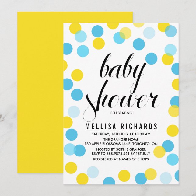 Gult och blått konfetti Polka dots babykläder Inbjudningar (Fram/baksida)