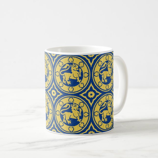 Gult och blått medeltida Lejon-kaffe Mugg (Framsida höger)