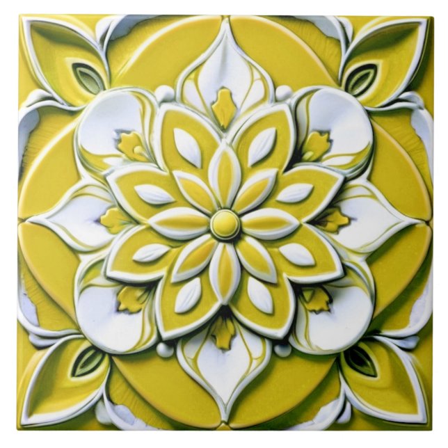 Gult och Blommigt av vit Faux Relief Flower Kakelplatta (Framsidan)