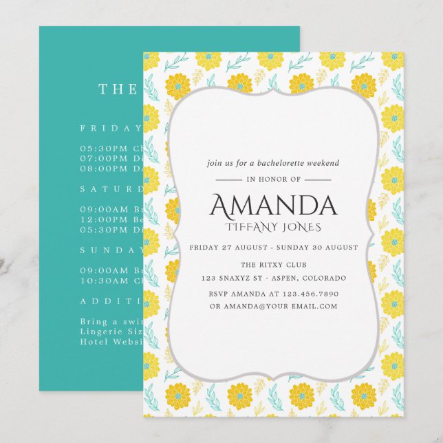 Gult och Blommigt Bachelorette Helg Inbjudningar (Fram/baksida)