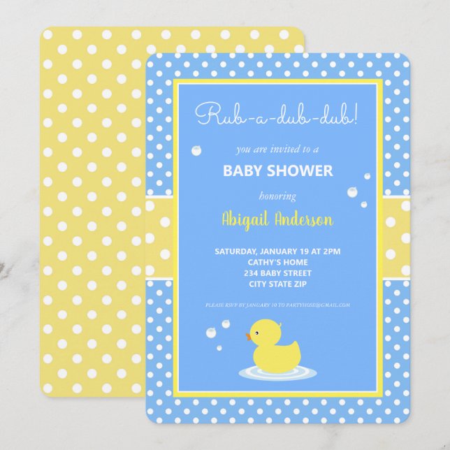Gult och Blue Anka Polka dots Baby Shower Invita Inbjudningar (Fram/baksida)