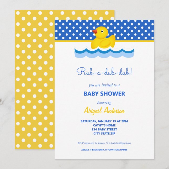 Gult och Blue Anka Polka dots Baby Shower Invita Inbjudningar (Fram/baksida)