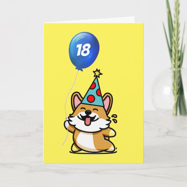 Gult och Blue Balloon Corgi Birthday Kort (Framsida)