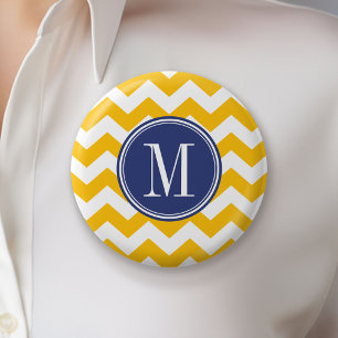Gult och Blue Chevron Mönster med Monogram Knapp