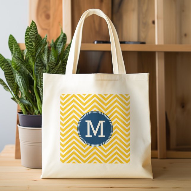 Gult och Blue Chevron Mönster med Monogram Tygkasse (Personalized tote bag with monogram)