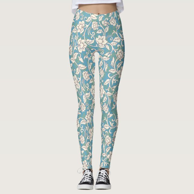Gult- och Blue Swirling Flowers Leggings (Framsida)