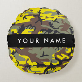 Gult och brun kamouflage Ditt namn anpassar sig Rund Kudde