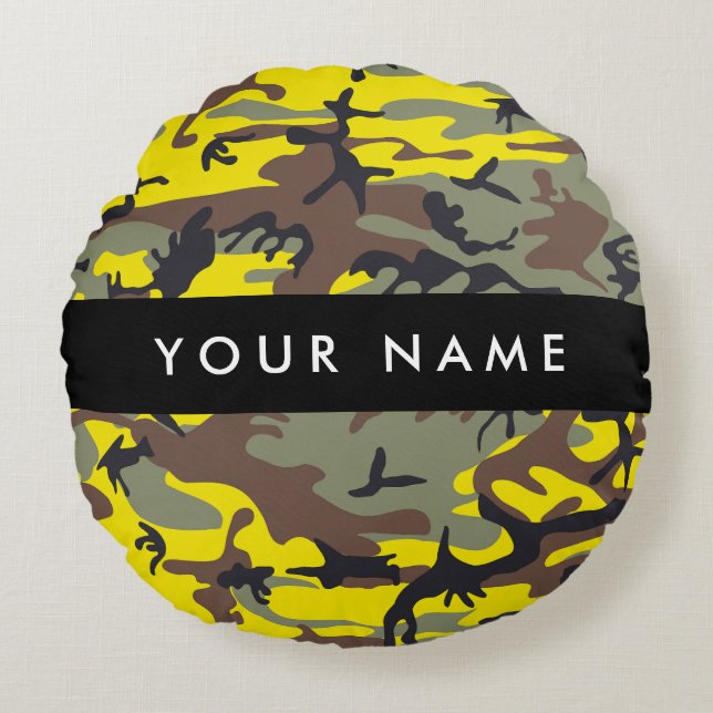 Gult och brun kamouflage Ditt namn anpassar sig Rund Kudde (Framsidan)