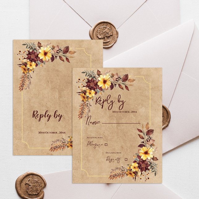 Gult och burgundisk Blommigt höstblommasbröllop OSA Kort (Yellow & Burgundy Floral Autumn Fall Wedding RSVP Card)