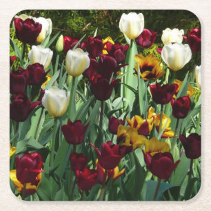 Gult- och färgtulpanfärgad Blommigt Underlägg Papper Kvadrat