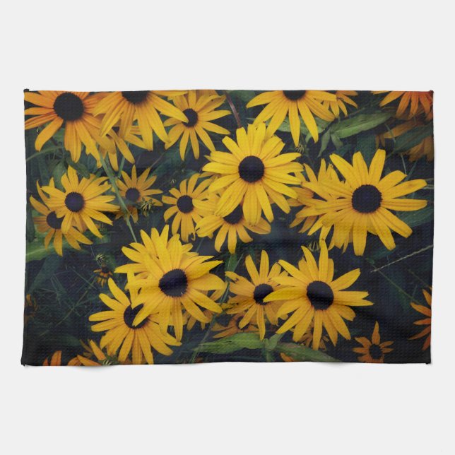 gult och fotografi av svart blomma kökshandduk (Horisontell)