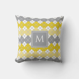 Gult och Grått Argyle Mönster Monogram Kudde