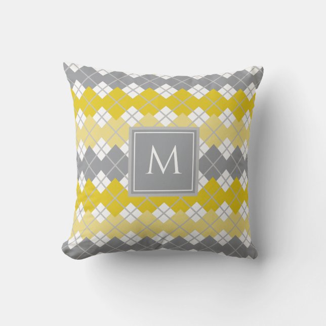 Gult och Grått Argyle Mönster Monogram Kudde (Framsida)