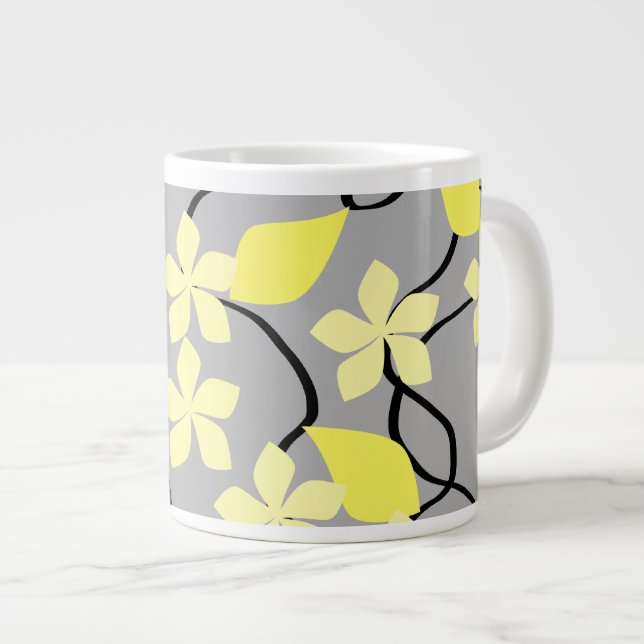 Gult- och Grått-blommor. Blommönster. Jumbo Mugg (Framsida höger)