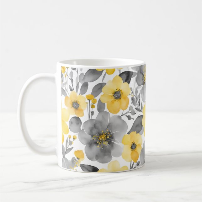 Gult- och Grått-blommor i vattenfärger Kaffemugg (Vänster)
