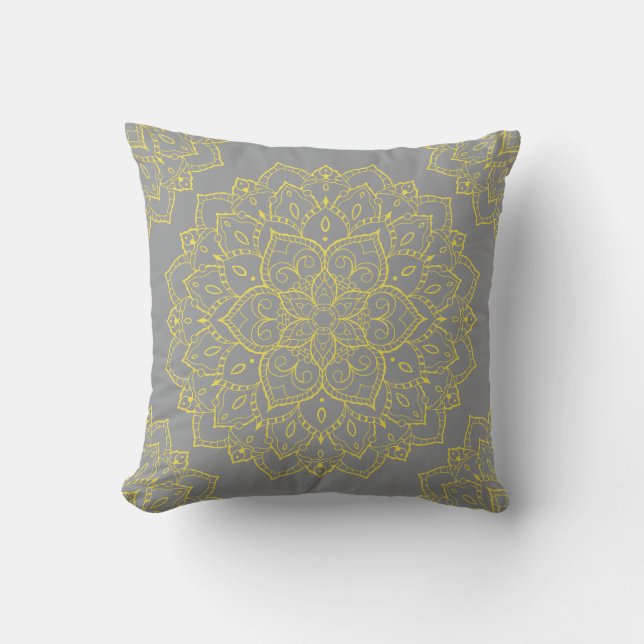 Gult och Grått Boho Mandala Pillow Kudde (Framsida)