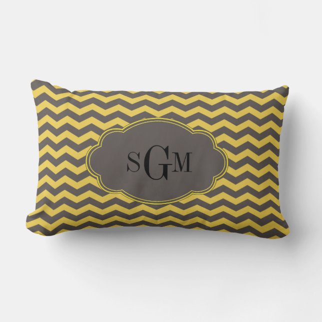 Gult och Grått Chevron Monogram Initialer Pillow Lumbarkudde (Framsida)