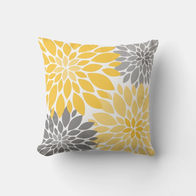 Gult och Grått Chrysanthemums Blommönster Kudde (Framsida)