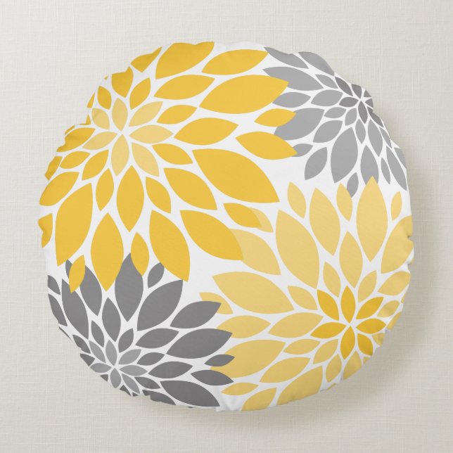Gult och Grått Chrysanthemums Blommönster Rund Kudde (Framsidan)