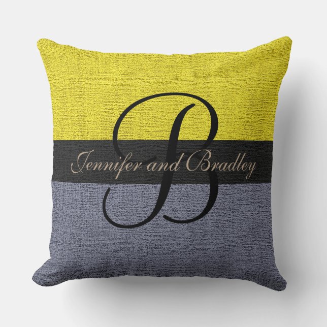 Gult och Grått Elegant Monogram Bröllop Kudde (Framsida)