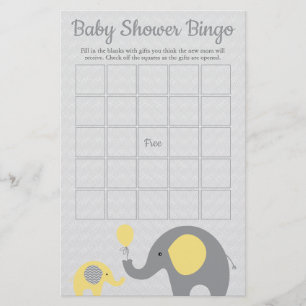 Gult och Grått Elephant Baby Shower Bingo Game Flygblad