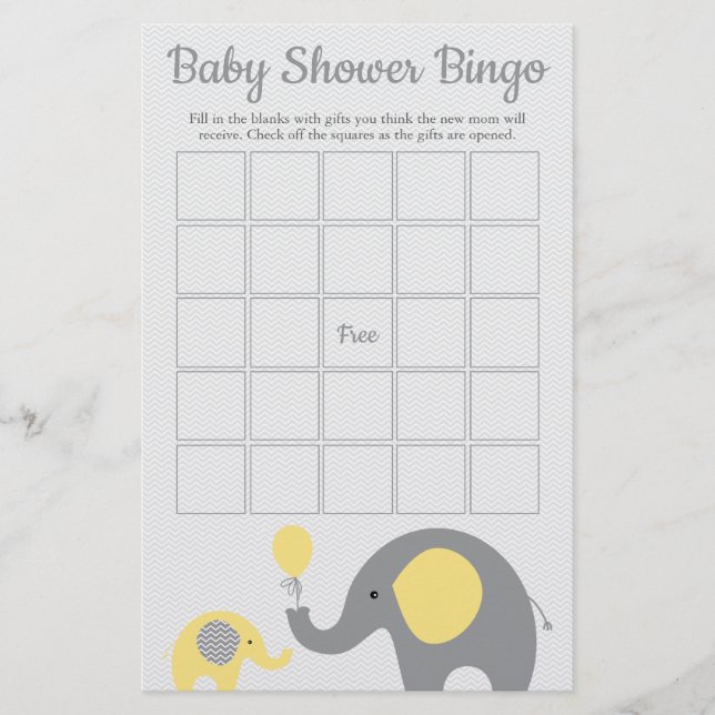 Gult och Grått Elephant Baby Shower Bingo Game Flygblad (Framsidan)