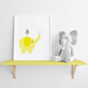 Gult och Grått Elephant och Bird Nursery Poster