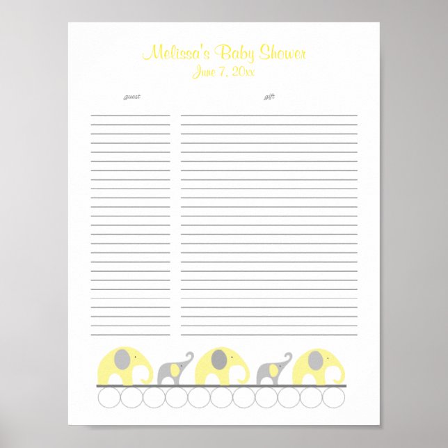 Gult och Grått Elephants Baby Shower Gift List Poster (Framsidan)
