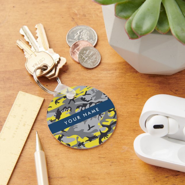 Gult och Grått-kamouflage Ditt namn anpassar sig Nyckelring (Skrivbord)