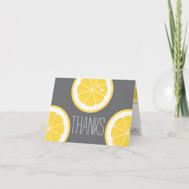 GULT OCH GRÅTT-LEMON-HJÄRTSÄDE BRÖLLOP TACK KORT (Framsida)