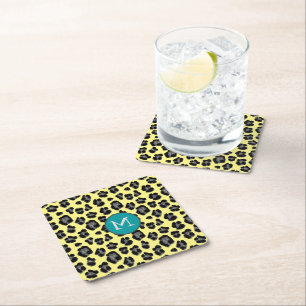 Gult och Grått Leopard Skriv ut Monogram Underlägg Papper Kvadrat