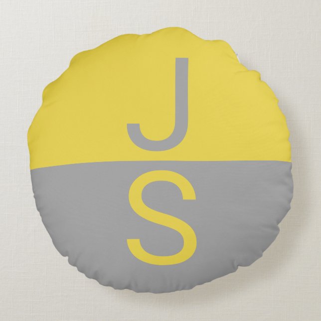 Gult och Grått Modern Initialer Monogram Rund Kudde (Baksidan)