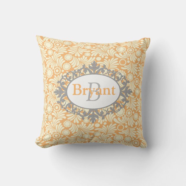 Gult och Grått Monogram Damask Dekorativ kudde (Framsida)