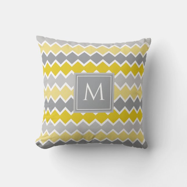 Gult och Grått Mönster Monogram Kudde (Framsida)