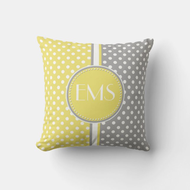 Gult och Grått Polka Dot Monogram Pillow Kudde (Framsida)
