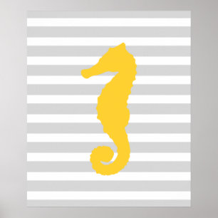 Gult och Grått Stripe Nautical Seahorse Poster