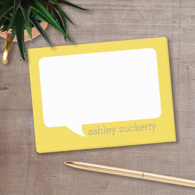 Gult och Grått Talk Bubble Add Namn Post-it Block (Personalized post it notes with low quantity. Add your personal touch.)