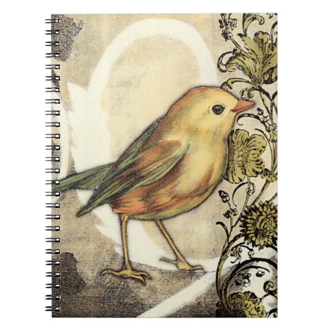Gult och Grönt Bird on Vintage Background Anteckningsbok (Framsidan)