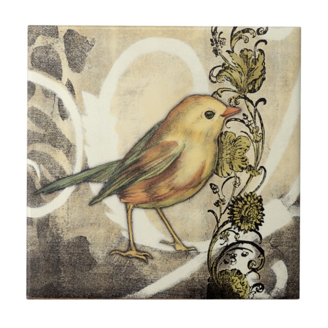Gult och Grönt Bird on Vintage Background Kakelplatta (Framsidan)