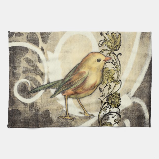 Gult och Grönt Bird on Vintage Background Kökshandduk (Horisontell)