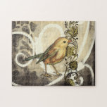 Gult och Grönt Bird on Vintage Background Pussel<br><div class="desc">Den här blandningen av målning och skissering visar en närbild av en gult- och grönt-fågel på en enkel svart och beige bakgrund. Det vita linjerna i bakgrunden lägger till en vintage. Den här bilden skulle passa perfekt på alla anpassaden av Zazzle-produkten.</div>